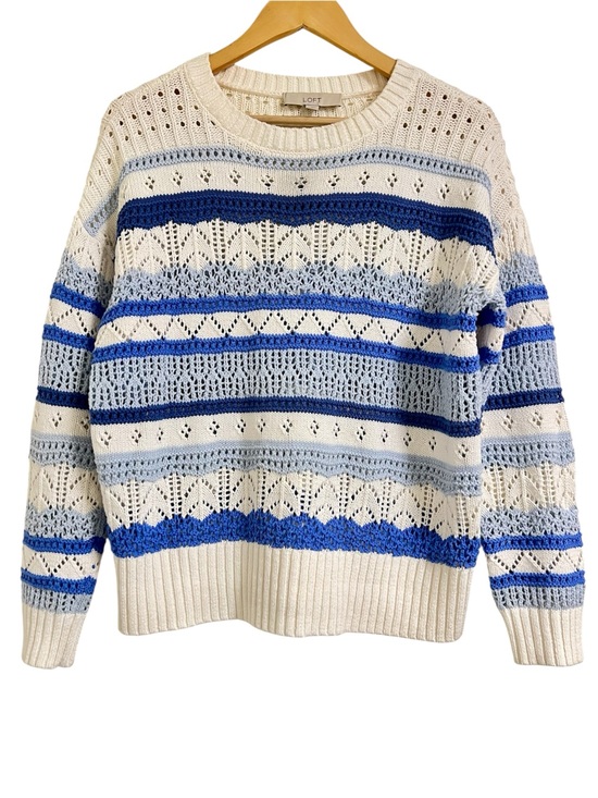 LOFT Sweaters - LOFT Chunky knit Open Stitch Cream Sweater with Light and Royal Blue Stripes, M